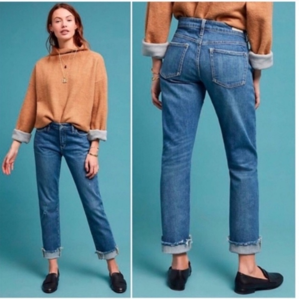 Pilcro Anthropologie Slim Boyfriend Jeans Raw Hem Distressed Blue Denim Size 26